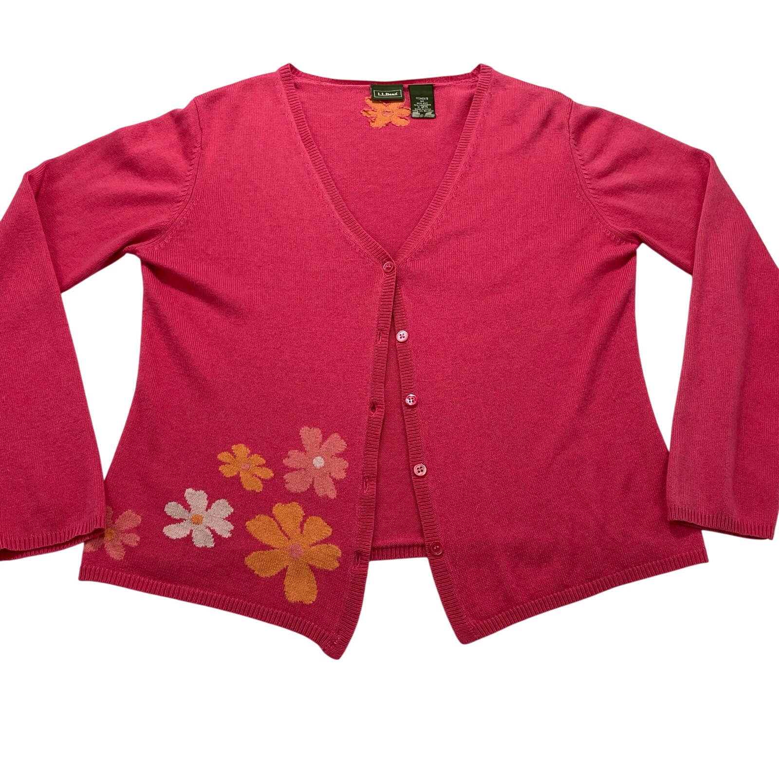 Vtg Y2k Ll Bean Floral Knit Cardigan Size S Pink Silk Cashmere